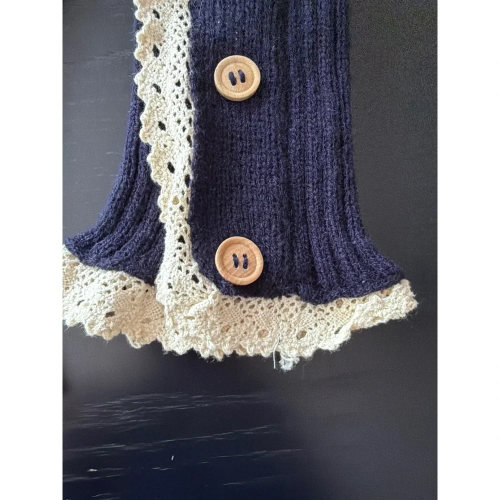 Navy Blue Knit‎ Wrist Warmers Lace Trim Wooden Button Arm Cuffs One Size